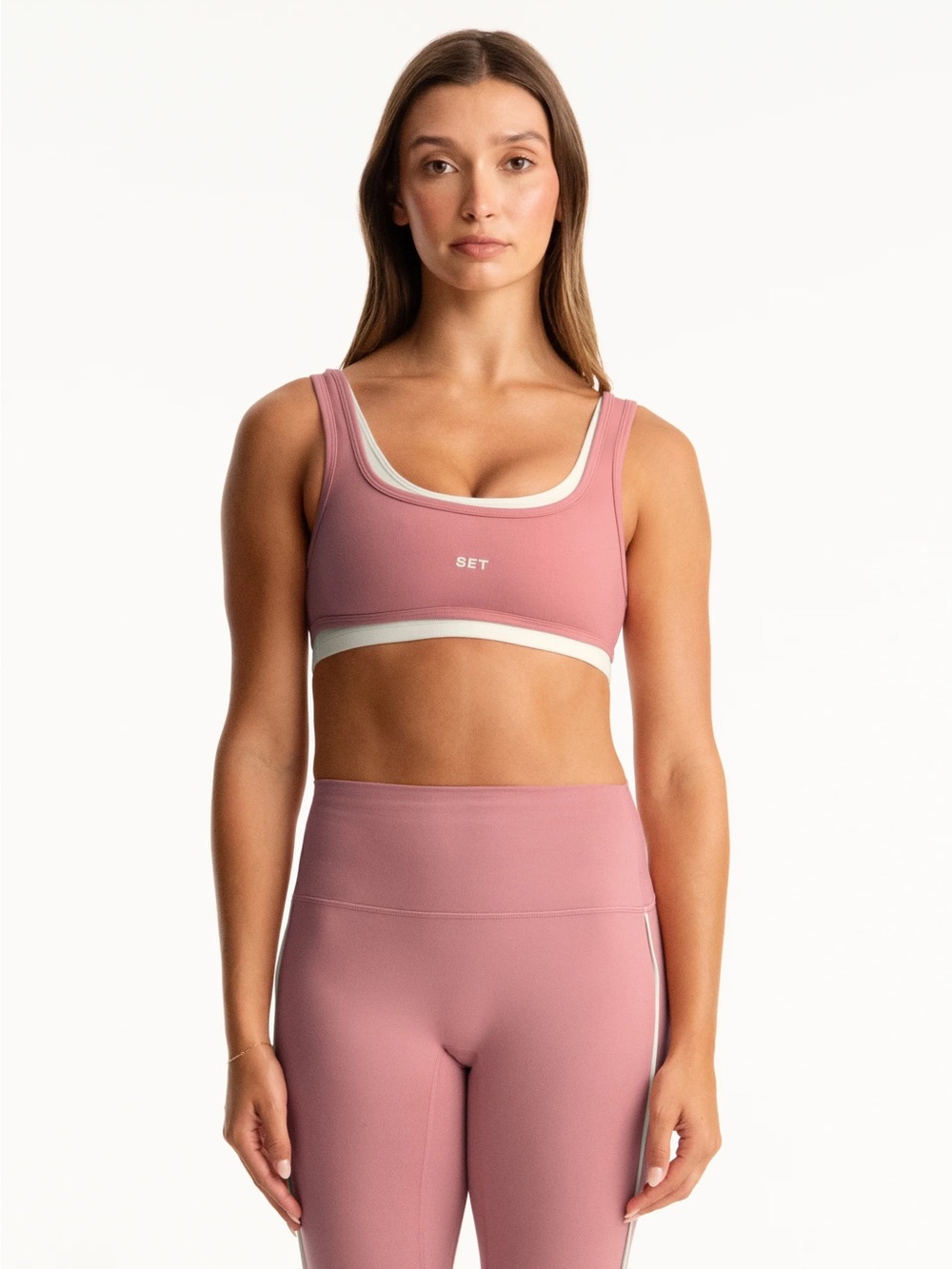 PARKE x SET active RARE collab; Pink and White layered sports bra